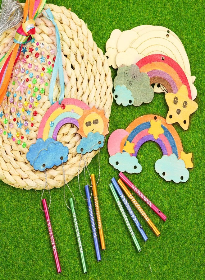 TREACLUB DIY Wind Chime Kit for Kids - Make Your Own Rainbow Coloring Star Moon Sun Arts and Crafts - 12 Pack Wooden Birthday Gifts for Girls Boys - Image 3